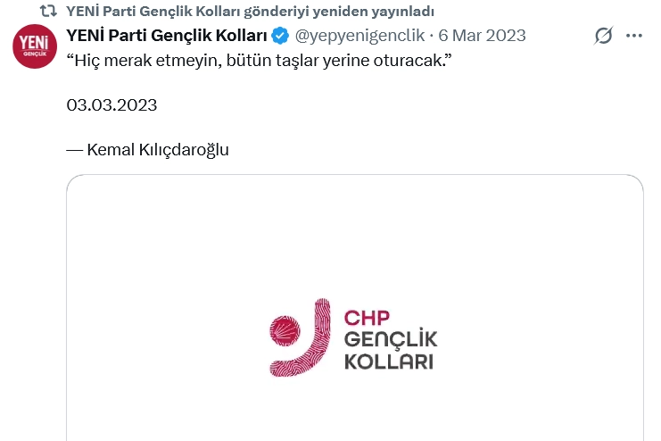 CHP Gen&ccedil;lik Kolları, YENİ Parti'nin ele ge&ccedil;irdiği X hesabını geri aldı!