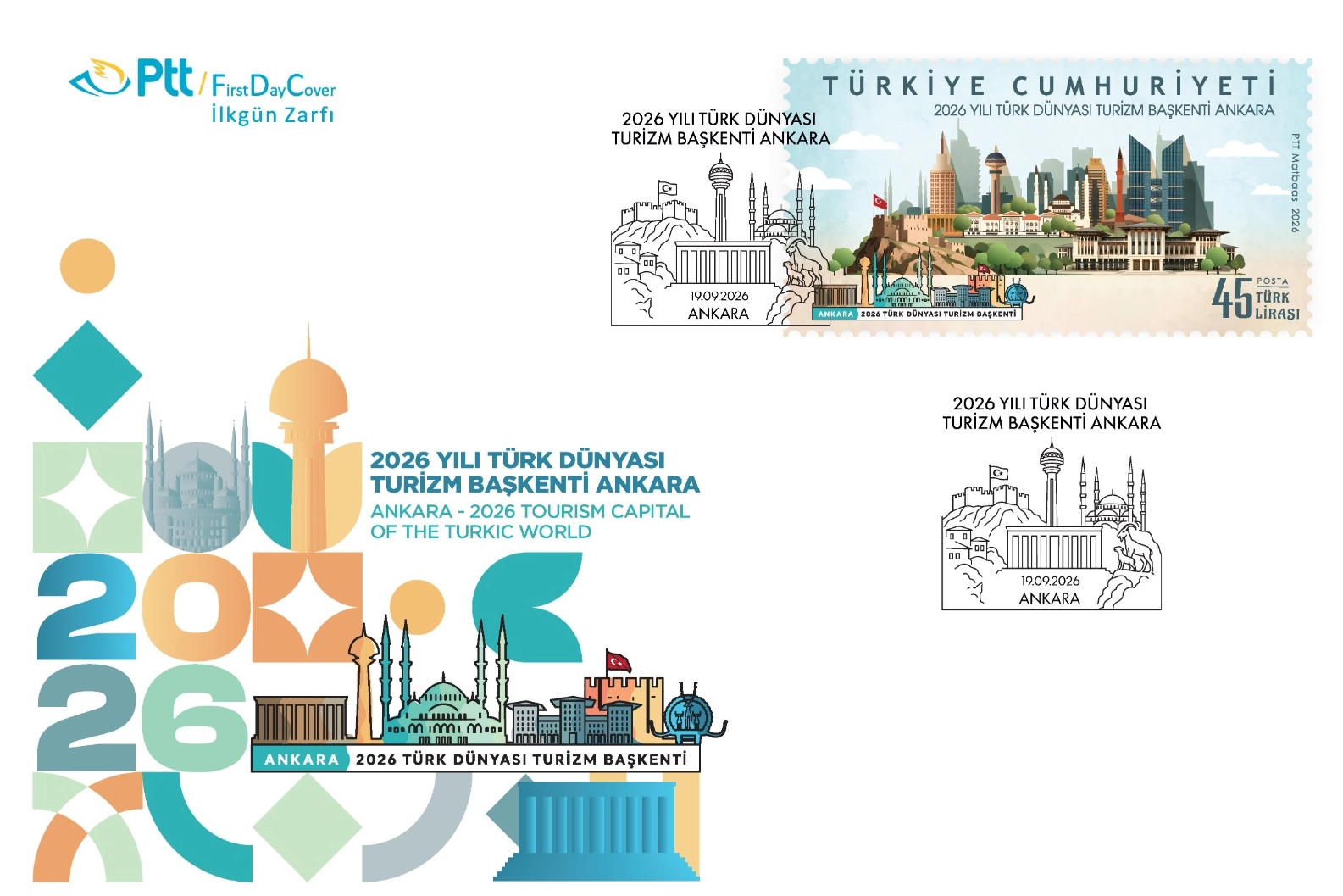 PTT'den &ldquo;2026 Yılı T&uuml;rk D&uuml;nyası Turizm Başkenti Ankara&rdquo; konulu ilkg&uuml;n zarfı